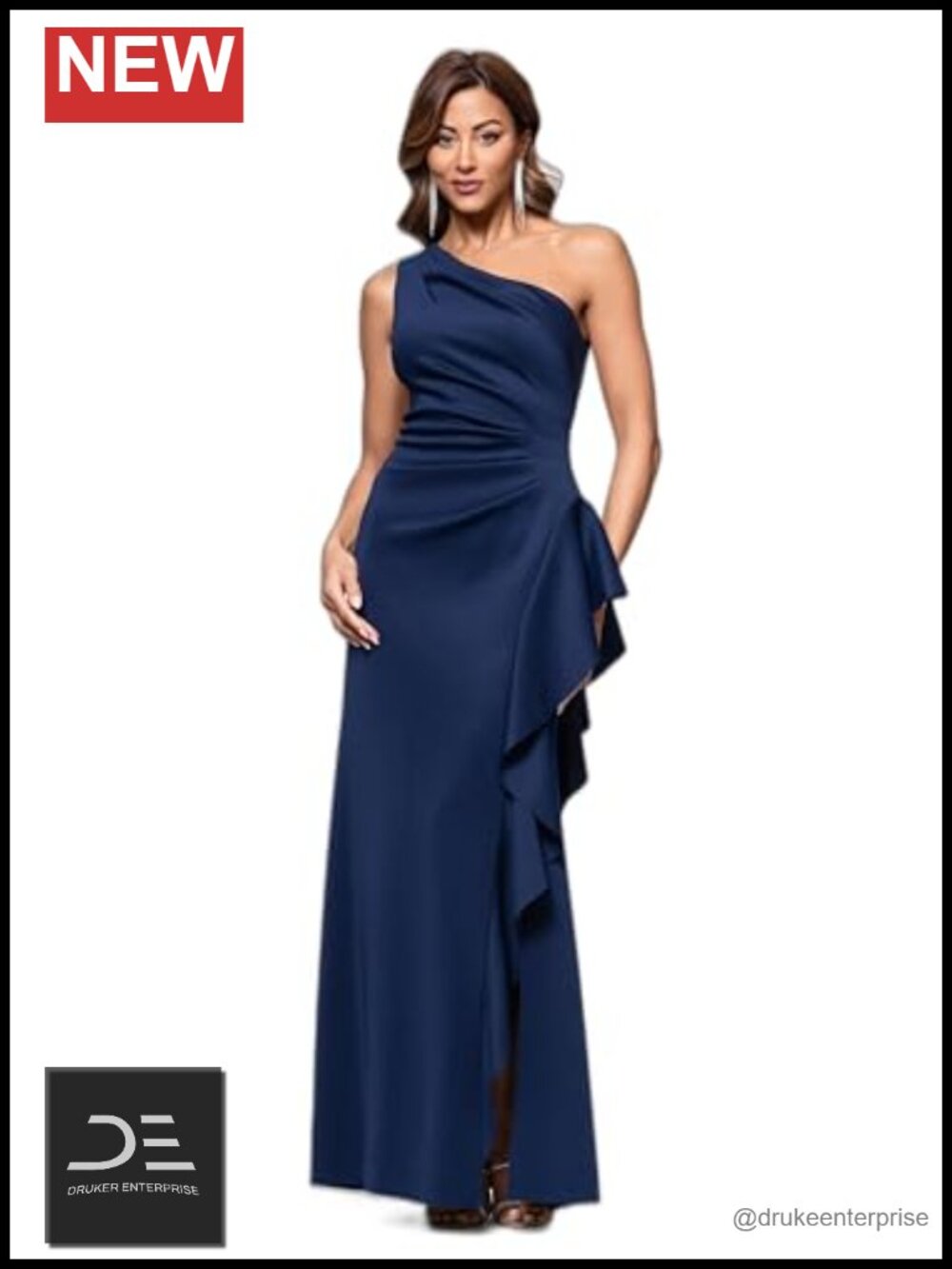 One Shoulder Floor Length Evening Dress Ruffle Bodice Side Slit Formal Gown